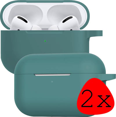 Case - 2 Stuks - Geschikt voor Apple Airpods Pro - Siliconen Hoes met Clip - Silicone Hoesje Cover - Midnight Green
