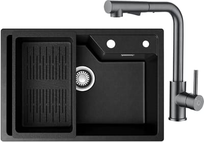 Sofetiy Max Granieten Spoelbakken (65*45cm) Zwart - Spoelbak Keuken Met Keukenkraan Met Uittrekbare Uitloop - Wasbak Keuken Met Waterafvoersysteem en Afdruiprek