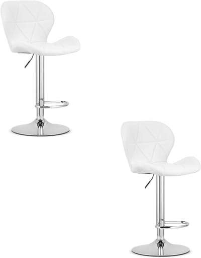 Set van 2 Barkrukken WEST – Kunstleer Wit, Chromen Basis, Rugleuning, Verstelbare Hoogte, 360° Draaibaar, Comfortabele Voetsteun, Antislip Onderstel, Modern Design, Max. 110 kg