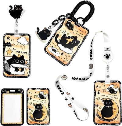 Schattige 3-delige lanyard set met retractable lanyard, kaart houder en kattenpatroon, ideaal voor dagelijks gebruik en accessoires voor school of werk.