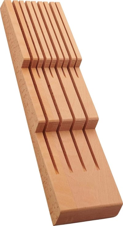 Famanu - Houten messenhouder voor lade, ruimtebesparend messenblok met 8 sleuven, geschikt voor diverse keukenmessen, natuurlijk hout design, 41x10,8x4,8 cm