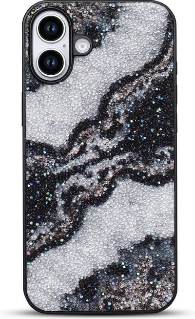 Casemania Hoesje Geschikt voor Apple iPhone 16 - Zwart - Diamant Marmer Glitter Back Cover