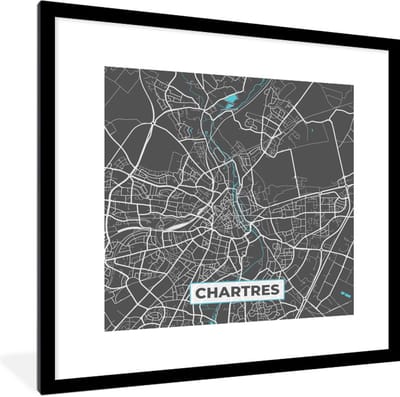 Fotolijst incl. Poster - Chartres - Frankrijk - Plattegrond - Kaart - Stadskaart - 40x40 cm - Posterlijst