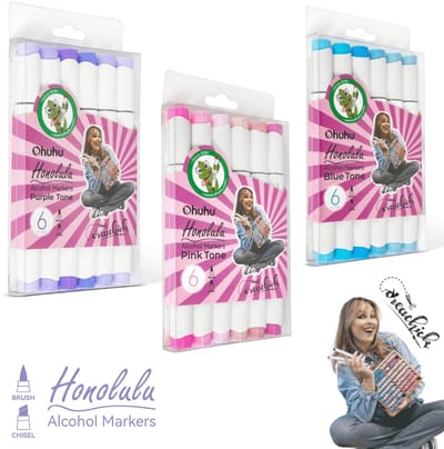 COMBI-DEAL: CreaChick X Ohuhu - Honolulu Brush & Chisel - Alcohol markers - Purple, Blue en Pink Tone (3 sets - 18 kleuren)