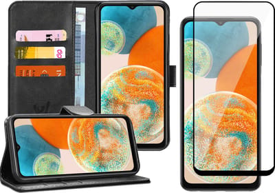 Hoesje geschikt voor Samsung A23 - Book Case Kunstleer Wallet Cover Portemonnee Pasjeshouder Hoes Zwart - Full Tempered Glass Screenprotector