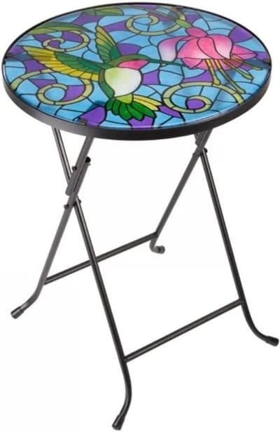 Vouwglas Tuin Tafel - Buiten Bijzettafel - Terras Opfleuren - Handbeschilderd Kolibrie - H50cm x Ø35cm - Roze