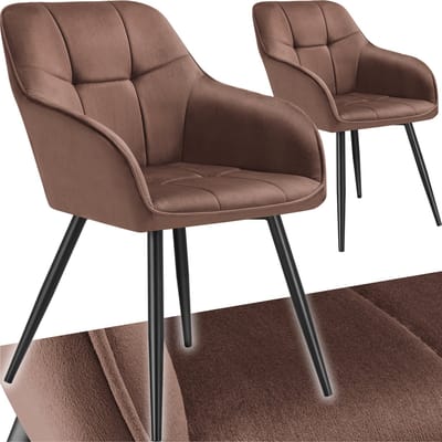 tectake® Eetkamerstoelen Marilyn - Set van 2 - Gestoffeerde Stoel in Fluweellook - Stikpatroon - Zwarte Stoelpoten - Ergonomische Keukenstoel - Doorlopende Rugleuning en Armleuningen - Stoel voor Woonkamer, Eetkamer, Slaapkamer - Bruin