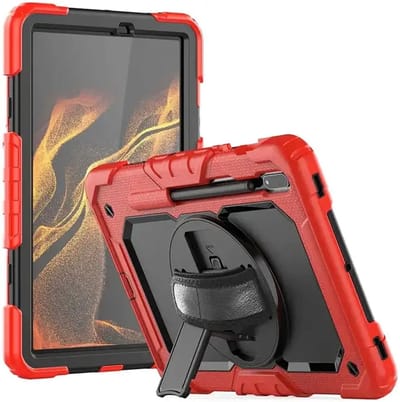 Hoes met ingebouwde Screenprotector Geschikt voor Samsung Galaxy Tab S8 | Inclusief Handriem en Schouderriem | Extreme bescherming | Ideaal voor zakelijk gebruik | Rood