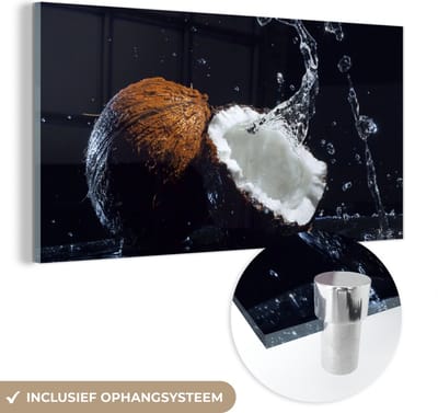 MuchoWow® Glasschilderij 120x60 cm - Schilderij acrylglas - Kokosnoot - Stilleven - Water - Zwart - Fruit - Foto op glas - Schilderijen