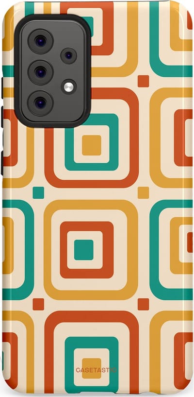 Casetastic hoesje geschikt voor Samsung Galaxy A52 (2021) 5G / Samsung Galaxy A52 (2021) 4G - Dubbellaagse bescherming - Retro Vierkant verlangen - Fashion Case - Crème Terracotta Goud Turquoise