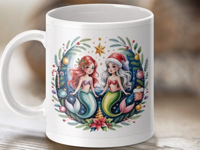 Mok Kerst Zeemeerminnen, Kerst Mok, Feestelijke Mok, Kawaii Zeemeermin Kerst, Unieke Mok, Feestdagen Cadeau, Zeemeermin mok