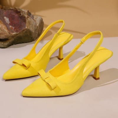 Grote Maat 43 Dames Zomer Geel Puntige Teen Slingback Sandalen Slip-on Elegante Kitten Hoge Hakken Schoenen met Strikje 37 yellow