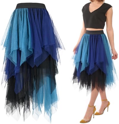 Elegante Midi Rok van Tulle met Hoge Taille, Ongelijke Lagen en Plissé, Perfect voor Feestjes en Carnavalsactiviteiten