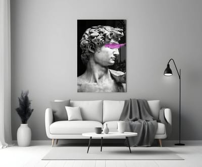 Glasschilderij – David met Paarse Veeg – Moderne Klassieke Kunst – Luxe Wanddecoratie - 90x60 cm