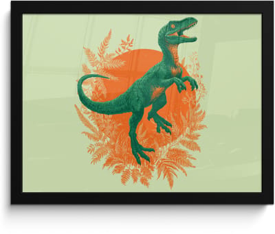 Poster in lijst - Fotolijst 40x30 cm - Posters - Dinosaurus - Groen - Planten - Cirkel - Posterlijst zwart - Decoratie - Wanddecoratie woonkamer - Muurdecoratie slaapkamer