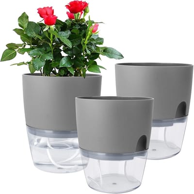 Set van 3 zelfwaterende bloempotten - Bloempotten - Transparante bloempotten - Met drainagegaten en waterabsorberend touw - Kunststof - Grijs