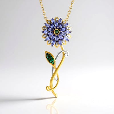 Cavill - Zilveren Halsketting 925 Sterling Zilver Verguld - Marquise Tanzaniet 1.566 ct & Zambia Smaragd 1.769 ct - Bloemmotief Paars-Groen