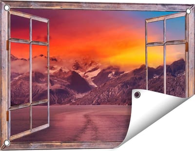 Gards Tuinposter Doorkijk Meer bij de Bergen bij Zonsondergang - 60x40 cm - Tuindoek - Tuindecoratie - Wanddecoratie buiten - Tuinschilderij