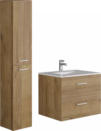 Vente-unique Hangend badkamermeubel met enkele wastafel en opbergzuil - Licht naturel - 60 cm - KAYLA