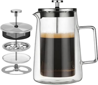 Koffiepers French Press 1 liter van glas met permanent filter, roestvrij staal, dubbelwandig, vaatwasmachinebestendig, ideaal voor koffie en thee bereiden