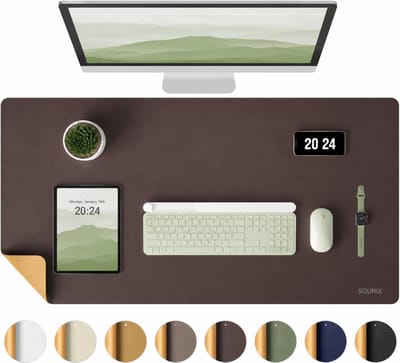 Sounix Dubbelzijdige Bureau Onderlegger - Bureaumat Kunstleer - 90x45 cm - Muismat XXL - Onderleggers - Bureau Organizer - Donker bruin