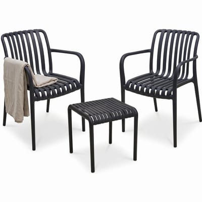 Cheqo® Tuinset 3-Delig - Loungeset - Balkonset - Bistroset - Tuinmeubelset - Kunststof Tuinset 2 Persoons - Loungestoelen - Tuinstoelen met Armleuning - Bijzettafel - Weerbestendig - Tuinmeubelen - Stapelbaar - Zwart