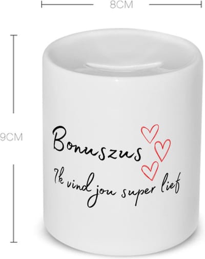 Akyol - bonuszus ik vind jou super lief Spaarpot - Zus - de liefste zus - verjaardag - cadeautje voor zus - zus artikelen - kado - geschenk - 350 ML inhoud