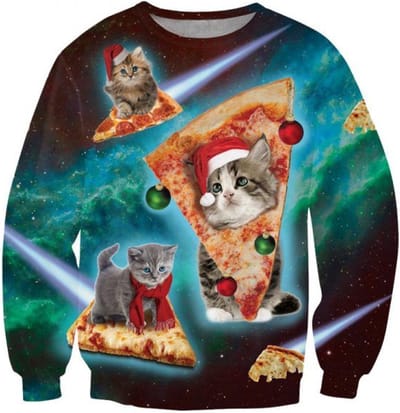 Kat, pizza en kerst Foute kersttrui - Maat: L - Kerstmis trui - Heren kersttrui - Dames kersttrui - Foute kersttruien - Kerst outfit - Kerstkleding - Lelijke kersttrui - Gekke kersttrui -