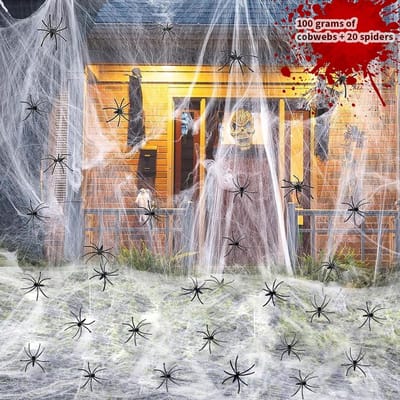 Rekbare Spinnenwebben voor Halloween, 100 g met 20 Kunstspinnen, Perfect voor Feestdecoratie en Tuinversiering