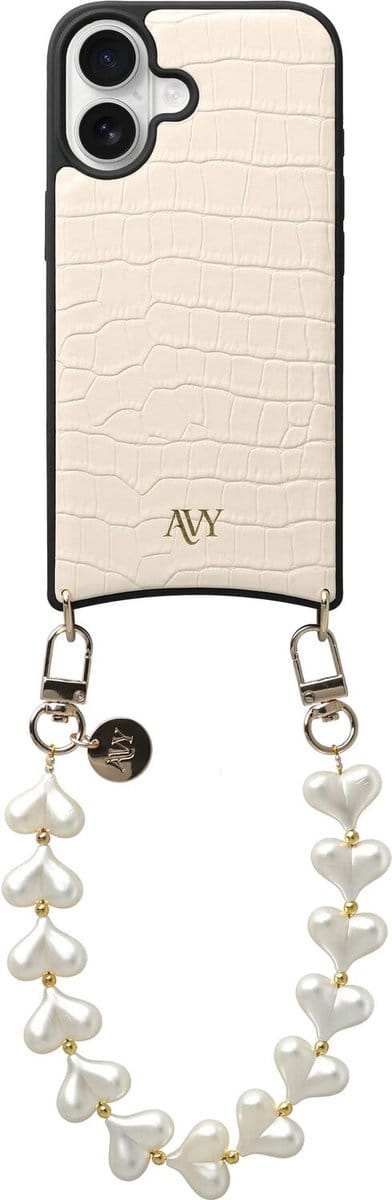 AVY Leren Hoesje Geschikt voor Apple iPhone 16 | Compatibel met MagSafe | Leather Case met Telefoonkoord | Polsband | Croco Beige | Cupid Pearl