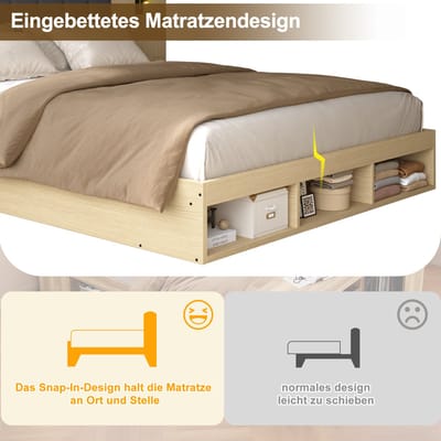 DESMIU Houten Bed 160x200cm – Bed Met Usb En Type C Oplaadfunctie En Leeslamp – Opbergruimte Rondom Met Open Vakken – Voor Slaapkamer En Jeugdkamer – Mdf – Licht Eiken – Zonder Matras