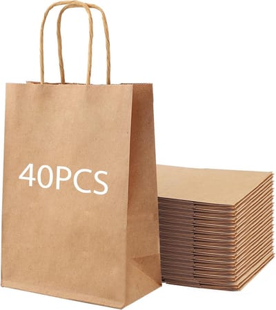 Kleine papieren zakken met handvat, 21 x 15 x 8 cm, bruin, cadeautasjes kraftpapier, 40 stuks cadeauzakjes, bruin, ideaal voor Kerstmis, verjaardag, bruiloft en voedselverpakking