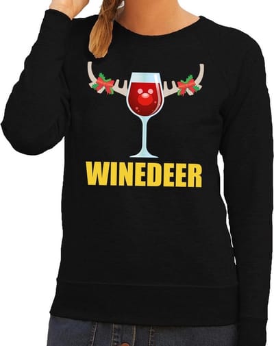 Bellatio Decorations Foute kersttrui - sweater - zwart - wijn - Winedeer - voor dames - kersttruien - Funny - Drank XS