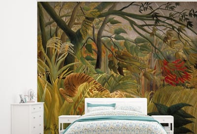 Behang - Fotobehang Tijger in een tropische storm - Henri Rousseau - Breedte 300 cm x hoogte 240 cm