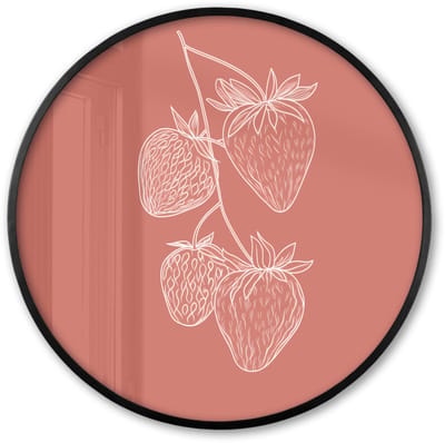 Poster in lijst Rond - Fotolijst 60x60 cm - Posters - Minimalistisch - Illustratie - Aardbei - Tak - Ronde posterlijst zwart - Decoratie - Wanddecoratie woonkamer - Muurdecoratie slaapkamer