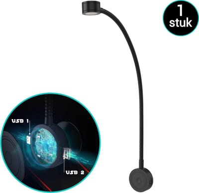 Bolt Electronics® Leeslamp 1 stuk – Bedlamp met 2 USB's - Warm licht -  Nachtlampje voor Volwassenen - Wandlamp met Dim-functie - Modern ontwerp - Gemakkelijk in gebruik -  Zwart