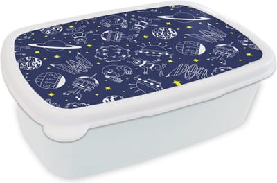 Broodtrommel Wit - Lunchbox - Brooddoos - Ruimte - Sterren - Patronen - Planeten - 18x12x6 cm - Volwassenen