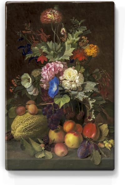 Stilleven met fruit en bloemen - O.D. Ottesen - 19,5 x 30 cm - Niet van echt te onderscheiden schilderijtje op hout - Mooier dan een print op canvas - Laqueprint.