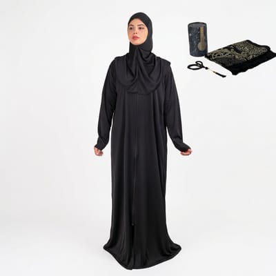 FIRASET Dames Eendelige Gebedskleding met Hijab – Lange Abaya Kaftan + islamitische geschenkset met gebedskleed (seccade) en gebedskralen, cilindervormige doos – Made in Turkije