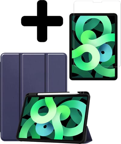 Hoes - Geschikt voor Apple iPad Air 4 (2020) - 10.9 inch - 4e Generatie - Met Screenprotector - Trifold Bookcase - Hard Cover Case - Met Uitsparing Geschikt voor Apple Pencil - Hardcover Book - Tablet Hoesje - Donkerblauw