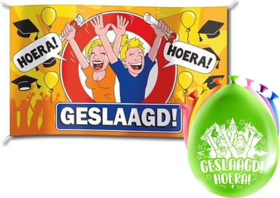 Paperdreams Geslaagd thema party versiering set Hoera - Grote vlag en 16x ballonnen