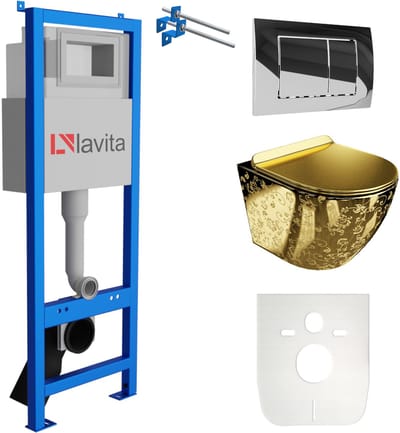 LAVITA® Inbouwreservoir Complete Toiletset LAV 101 - Inbouw WC Hangtoilet Wandcloset SOFI SLIM GOLDEN EYE - Bedieningsplaat 200.1.2 Chroom - Voorwandelement voor toilet 40cm - Installatiesysteem