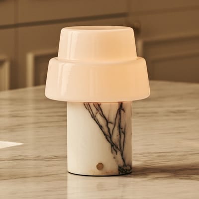 Tavellio Pissaro Draadloze Tafellamp – H15 – Lilac Marmer en Glas – Tot 100 uur – Wit
