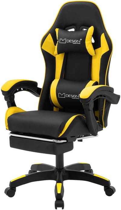 Gaming stoel met voetsteun en armleuning zwart/geel, gemaakt van ML design kunstleer