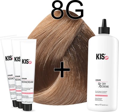 Kis KeraCream Color - 100ml - Haarverf Set - 8G Licht goudblond | KIS - (3 x haarverf & 1L waterstofperoxide)