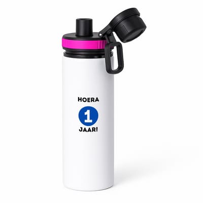 Hacebo® - Hoera 1 jaar waterfles met draaidop roze - Verjaardag - 1 jarigen - gefeliciteerd - verjaardagscadeau - klein kadootje - gift - geschenk - kado voor een baby - kado voor een peuter - water fles - 850ML