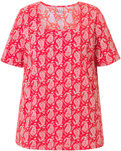 Ulla Popken - Dames - T-shirt met patroon A-lijn carré-halslijn halve mouwen - Lychee - Maat 42+