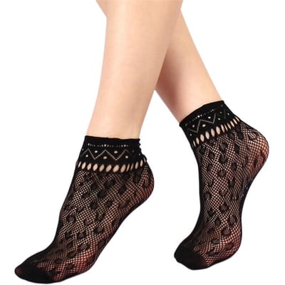 Chaussettes basses en résille noire pour femme Robe florale rétro Découpes Élastique en nylon Chaussettes courtes à motifs One Size