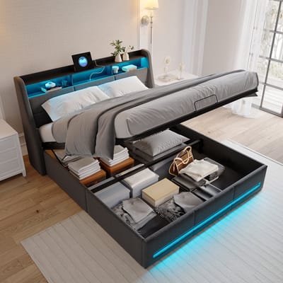 Opbergbed 140x190 cm met ledverlichting en USB-poort - Gestoffeerd tweepersoonsbed met opbergruimte - Gestoffeerd hoofdbord - Lattenbodem - linnen Donkergrijs