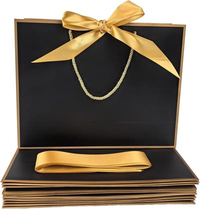 12 Luxe Zwart Gouden Cadeauzakjes met Handvat en Strik - Geschenktasjes